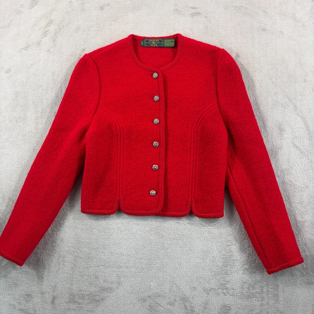 Vintage Charter Club Ornate Buttons Jacket Women 6 Red 100% Boiled Wool Luxury